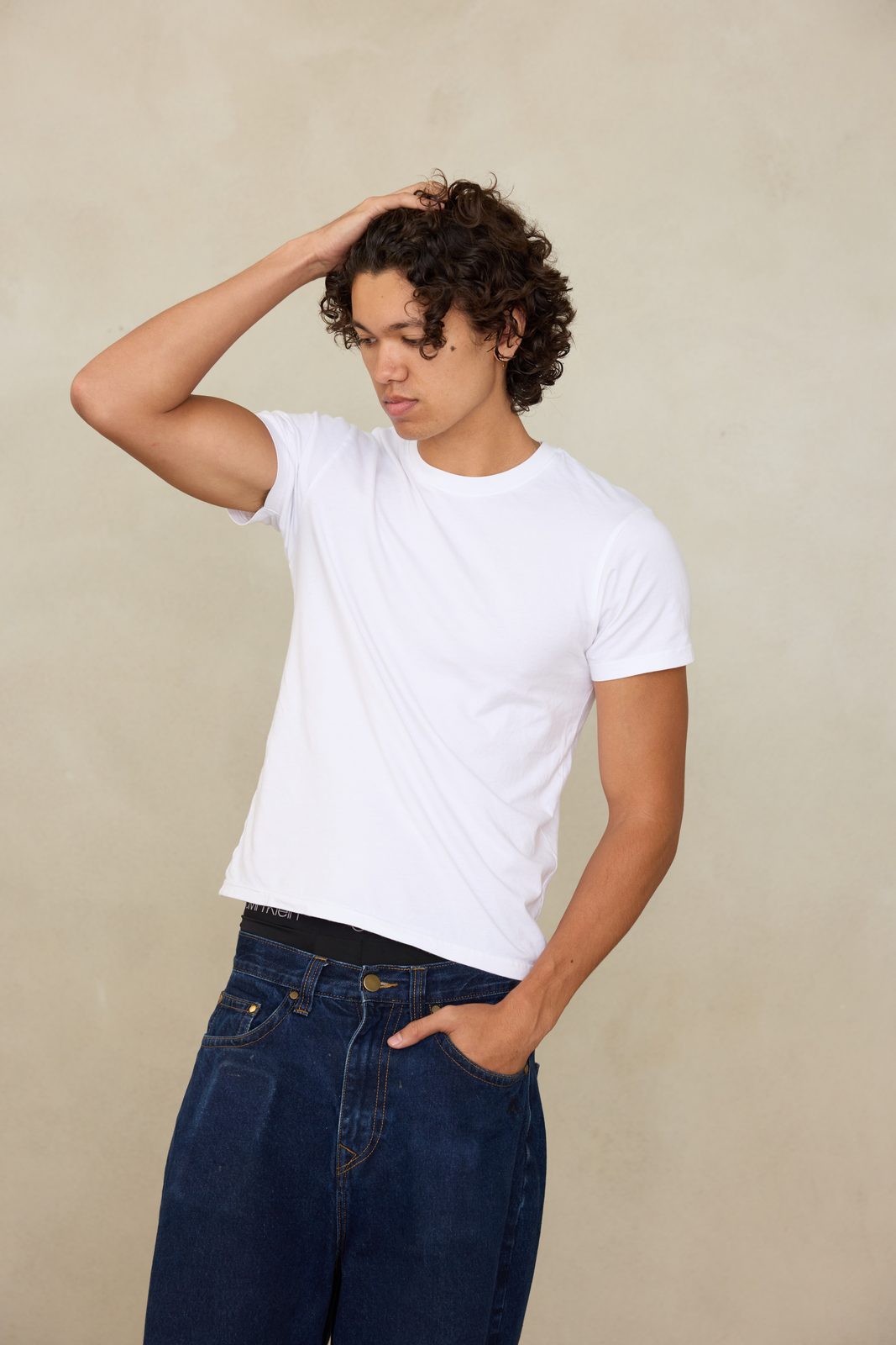 Quentin Lee in plain white t-shirt, commercial look